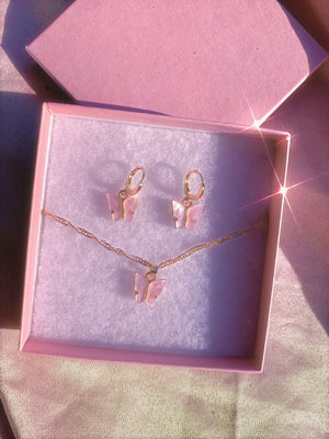Pink Butterfly Acrylic Gift Set Earrings + Necklace Glo Babe 