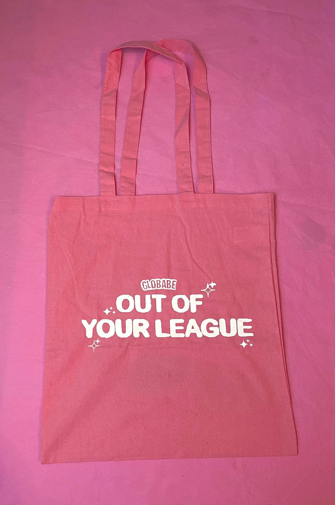 
            
                Load image into Gallery viewer, “Out of your league” pink canvas tote bag💗☁️✨ Glo Babe 
            
        
