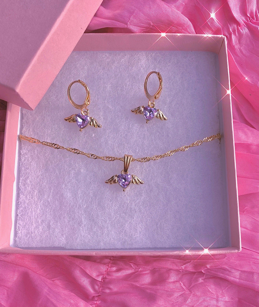 
            
                Load image into Gallery viewer, Angel Has Wings Amethyst Necklace + Earrings Set Glo Babe 
            
        