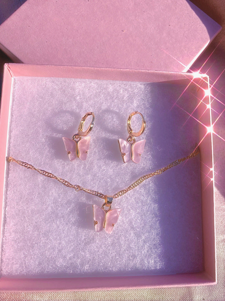 Pink Butterfly Acrylic Gift Set Earrings + Necklace Glo Babe 