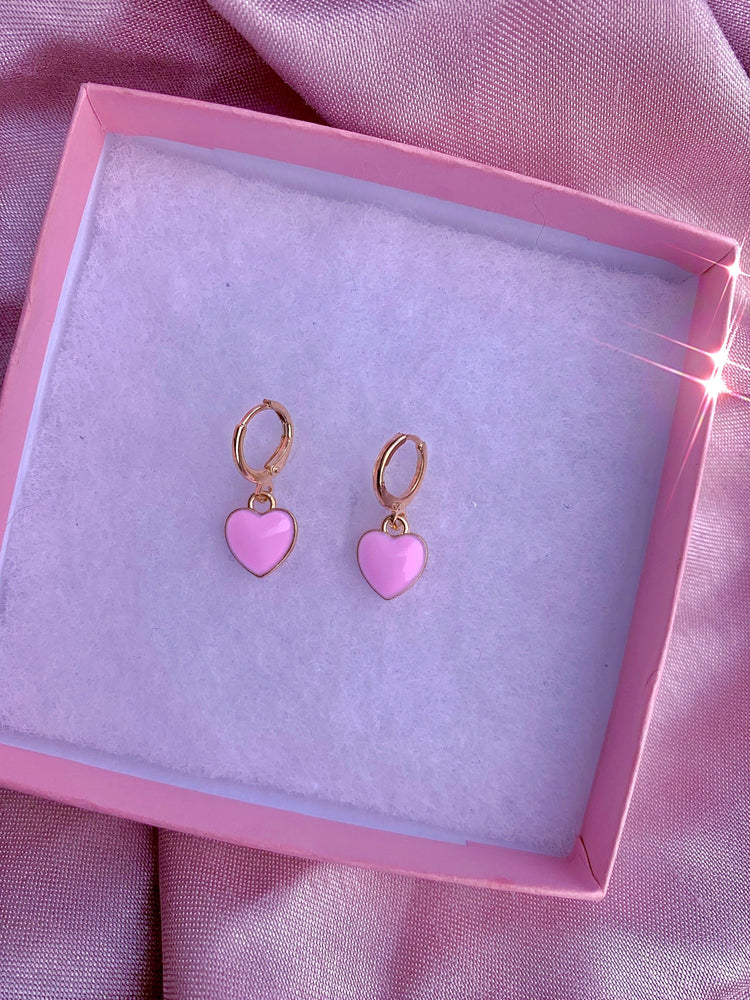 
            
                Load image into Gallery viewer, Candy Babe Heart 💜💗 Huggie Earrings ✨🍭🍬 Glo Babe Pink 
            
        